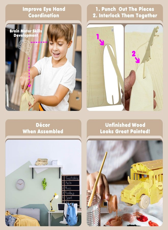 Puzzled 3D Puzzle School Bus Wood Craft Construction Model Kit, Fun, Unique & Educational DIY Wooden Toy Assemble Model Unfinished Crafting Hobby Puzzle to Build & Paint for Decoration 112 Pieces Pack - Image 3